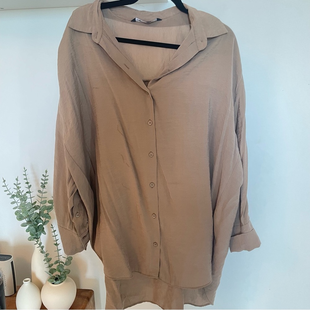 Zara Oversized Taupe Button-Up Blouse